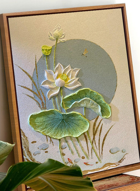 中国风月下白荷花卉石英砂肌理画