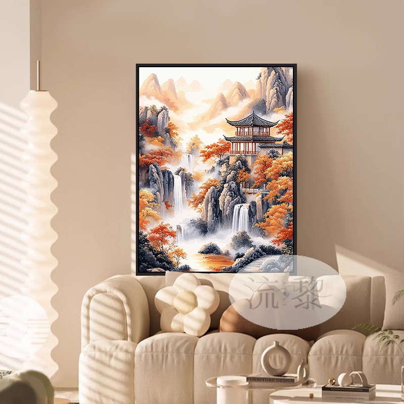 中国风古风建筑秋天山水高级感风景DIY数字油画手工绘涂色装饰画
