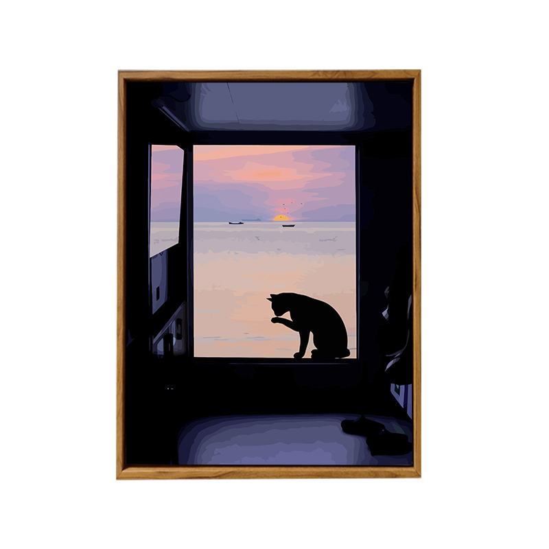 落日大海上猫咪风景DIY数字油画手工绘填充涂色丙烯油彩装饰挂画