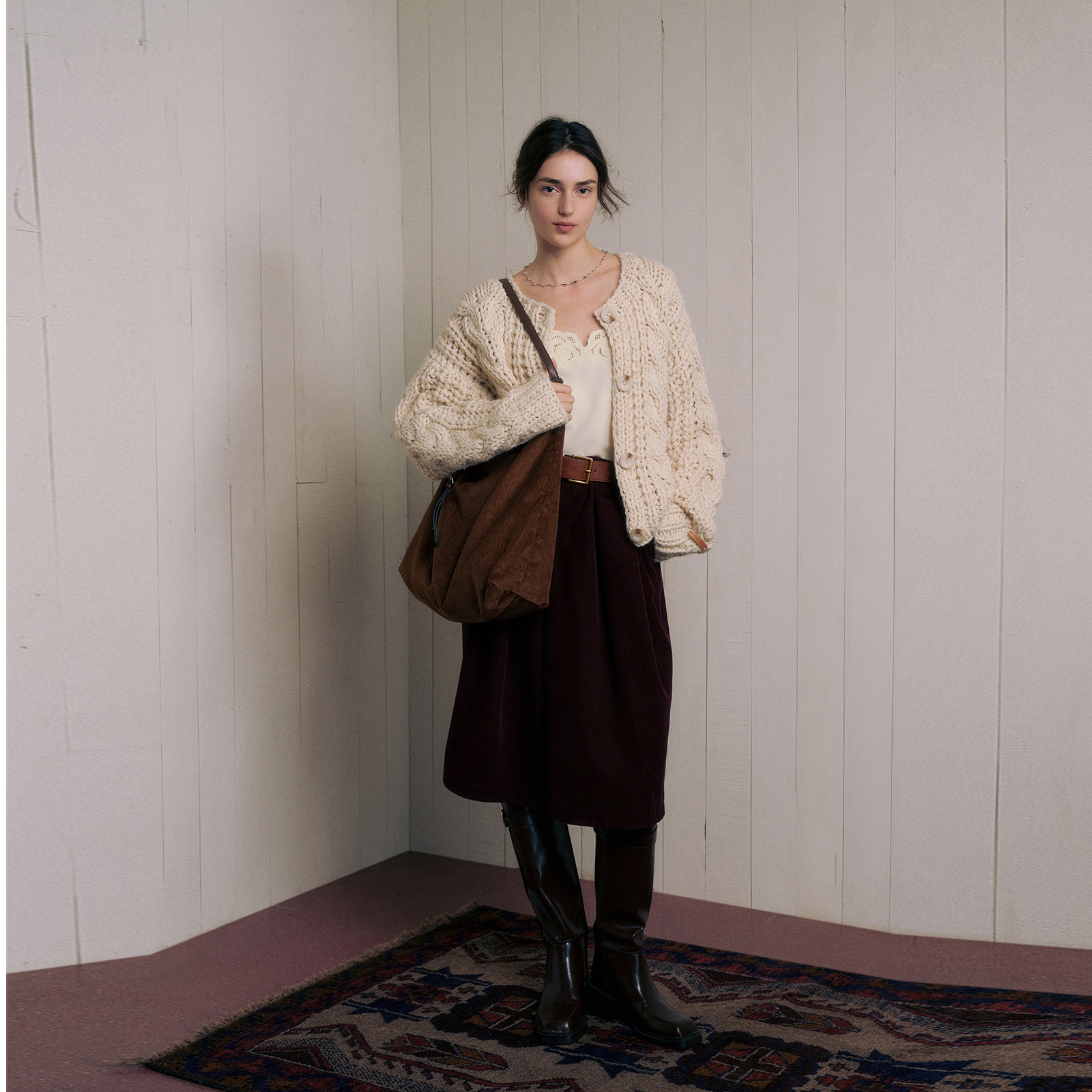 wana try羊毛慵懒粗棒针毛衣开衫25冬新品米白韩系百搭简约上衣女 - 图0