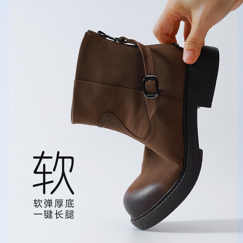 红粉知己2025冬新款复古百搭厚底增高烟筒靴女舒适真皮休闲短靴 - 图1
