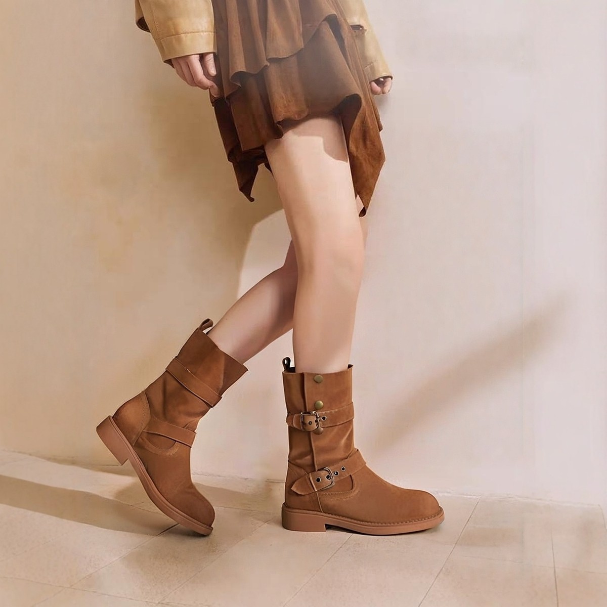 红粉知己2025新款小众复古真皮百搭西部牛仔靴女不累脚休闲中筒靴,淘宝优惠券,粉丝福利购,淘宝优惠卷