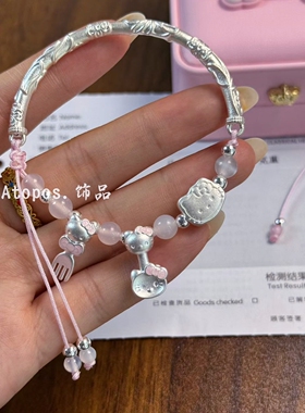 纯银hellokitty猫银镯手链送女友
