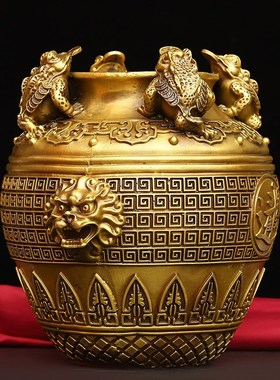 纯铜四方纳财缸铜聚宝盆缸摆件金蟾客厅办公室桌面开业礼品