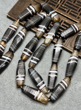 天然黑白咖缠丝玛瑙八棱勒子天珠手链西亚缠丝老玛瑙桶珠手链配饰