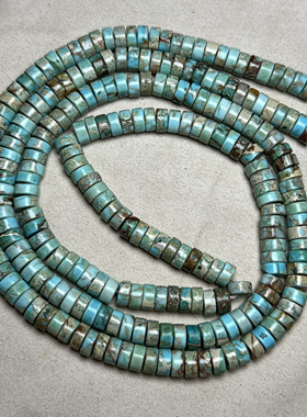 古玩老珠天然绿松石直切6车轮珠手工制作手串佛珠耳环项链配饰串