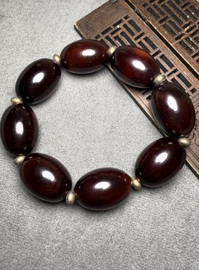 古玩老玛瑙天然选优品酒红老玛瑙橄榄形手串桶珠手链礼品收藏