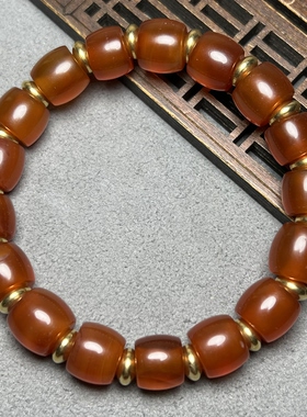 旧藏老玛瑙直切车轮珠剁珠老型手钏红色西玛手串水亮孔道珠串手链