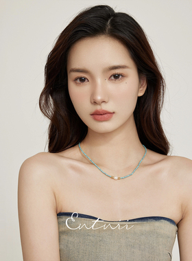 Entnii绿色串珠淡水珍珠项链