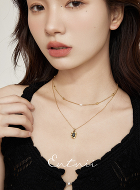 黑色方块气质小米珠钛钢叠戴项链