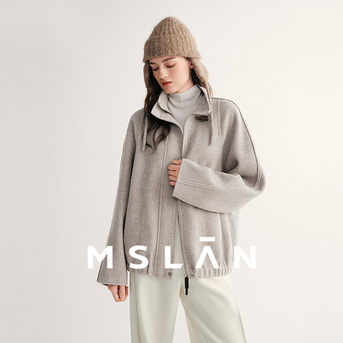 MSLAN绒感疗愈 山羊绒混纺解构分割牛角扣立领率性短款双面呢大衣 - 图0