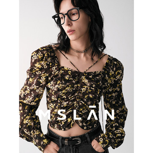 MSLAN商场同款 25秋挂脖方领套衫泡泡袖碎花清新雪纺衫MGCN302 - 图0