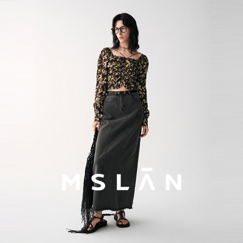 MSLAN商场同款 25秋挂脖方领套衫泡泡袖碎花清新雪纺衫MGCN302 - 图1