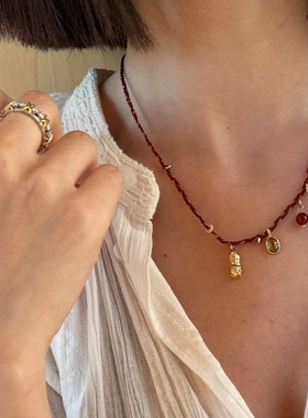 花生彩石编织红绳流苏项链叠戴