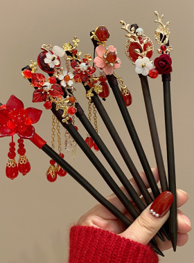 儿童新年红色流苏步摇发簪