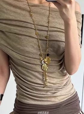 金色贝壳流苏长款项链度假风