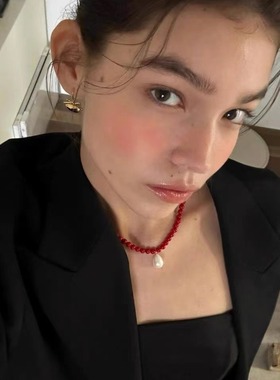 高级感红色项链水滴珍珠锁骨链