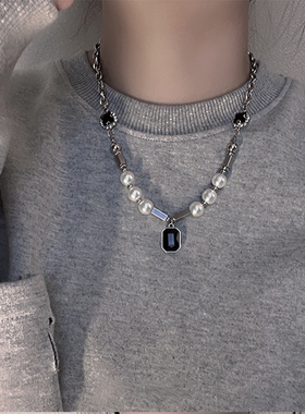 珍珠黑宝石钛钢项链女小众设计感高级锁骨链男毛衣链2024年新款潮