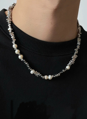碎银子拼接珍珠小众设计感男项链嘻哈冷淡风高级轻奢感女款锁骨链
