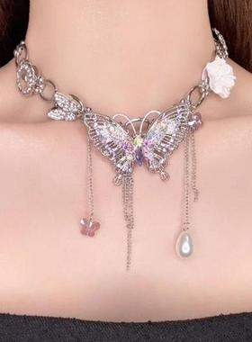 满钻蝴蝶花朵项链轻奢小众设计复古夸张立体水晶蝴蝶流苏锁骨链潮