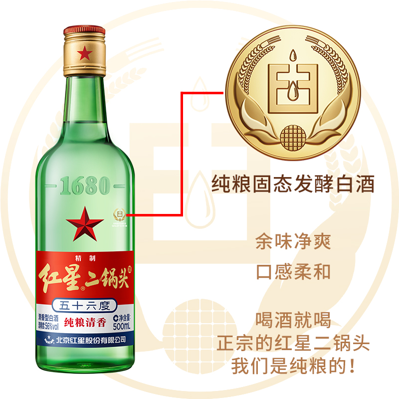 北京红星二锅头43/53/56度白酒绿/绵柔8蓝瓶6/12瓶500/750ml整箱