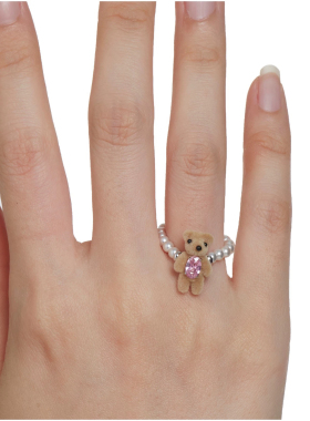 YVMIN/尤目 乐园系列 植绒迷你小熊戒指珍珠纯银戒指礼物