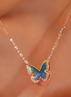 法式复古蝴蝶颈链小清新蓝色手绘彩釉925银针小众高级感气质项链