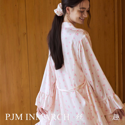 PJM INMARCH法式度假」甜美爱心印花真丝系带睡袍柔软桑蚕丝睡衣 - 图0