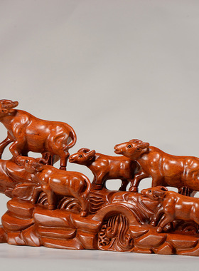 花梨实木雕刻牛摆件檀木头根雕十二生肖五福旺财牛红木家居