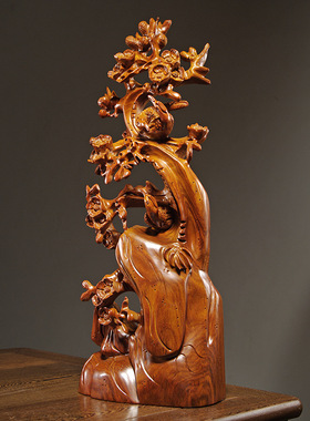 花梨木喜上眉梢根雕梅花喜鹊雕刻摆件红木家居装饰工艺品乔迁