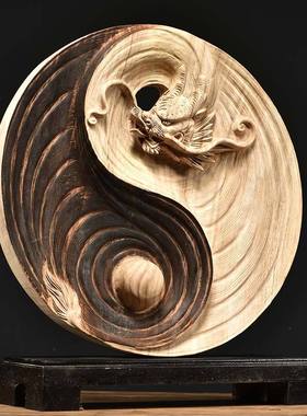 香樟木雕龙摆件牛转乾坤雕刻新中式家居装饰客厅复古圆形根雕