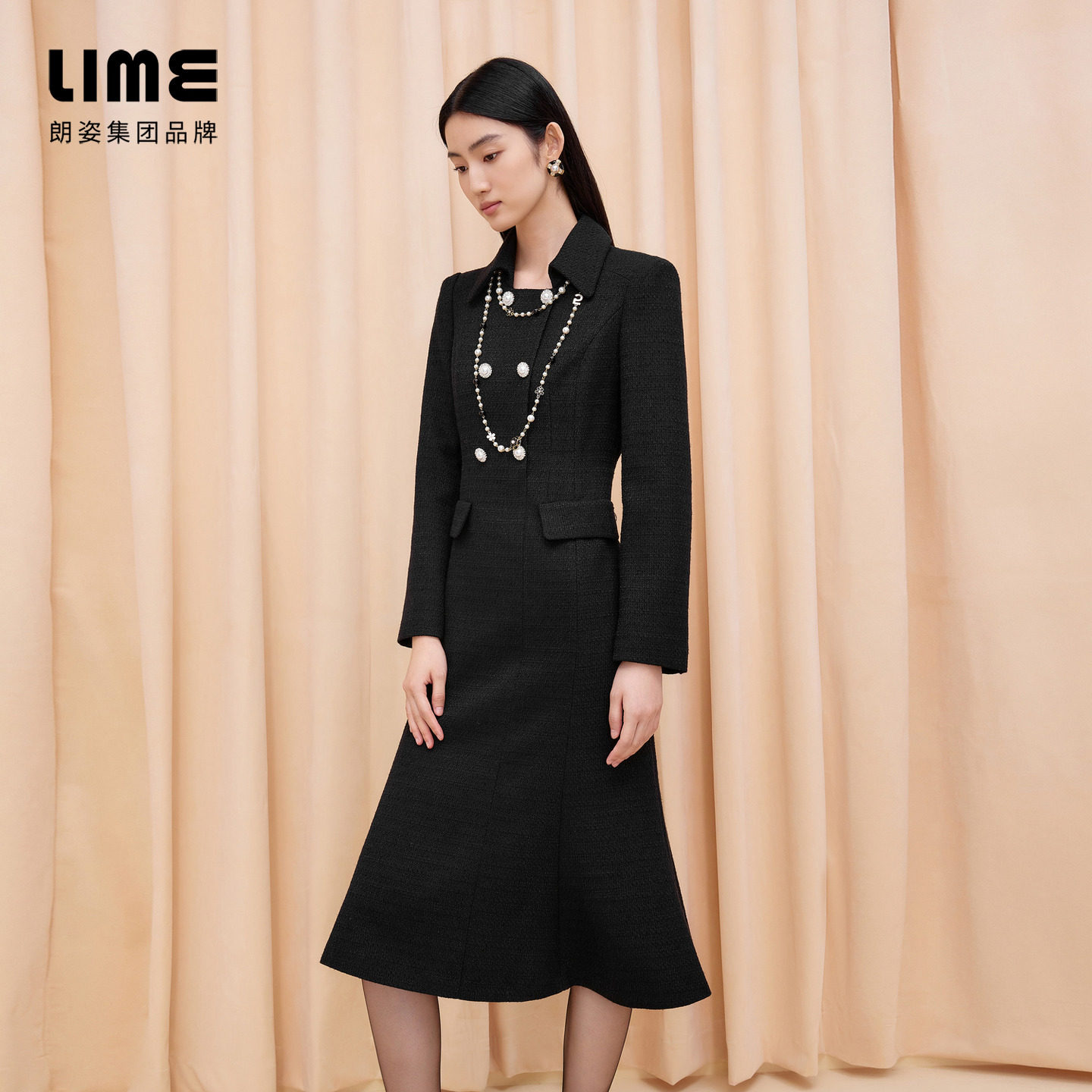 朗姿集团LIME莱茵优雅粗花呢连衣裙黑色假两件翻领收腰鱼尾25冬新,淘宝优惠券,粉丝福利购,淘宝优惠卷