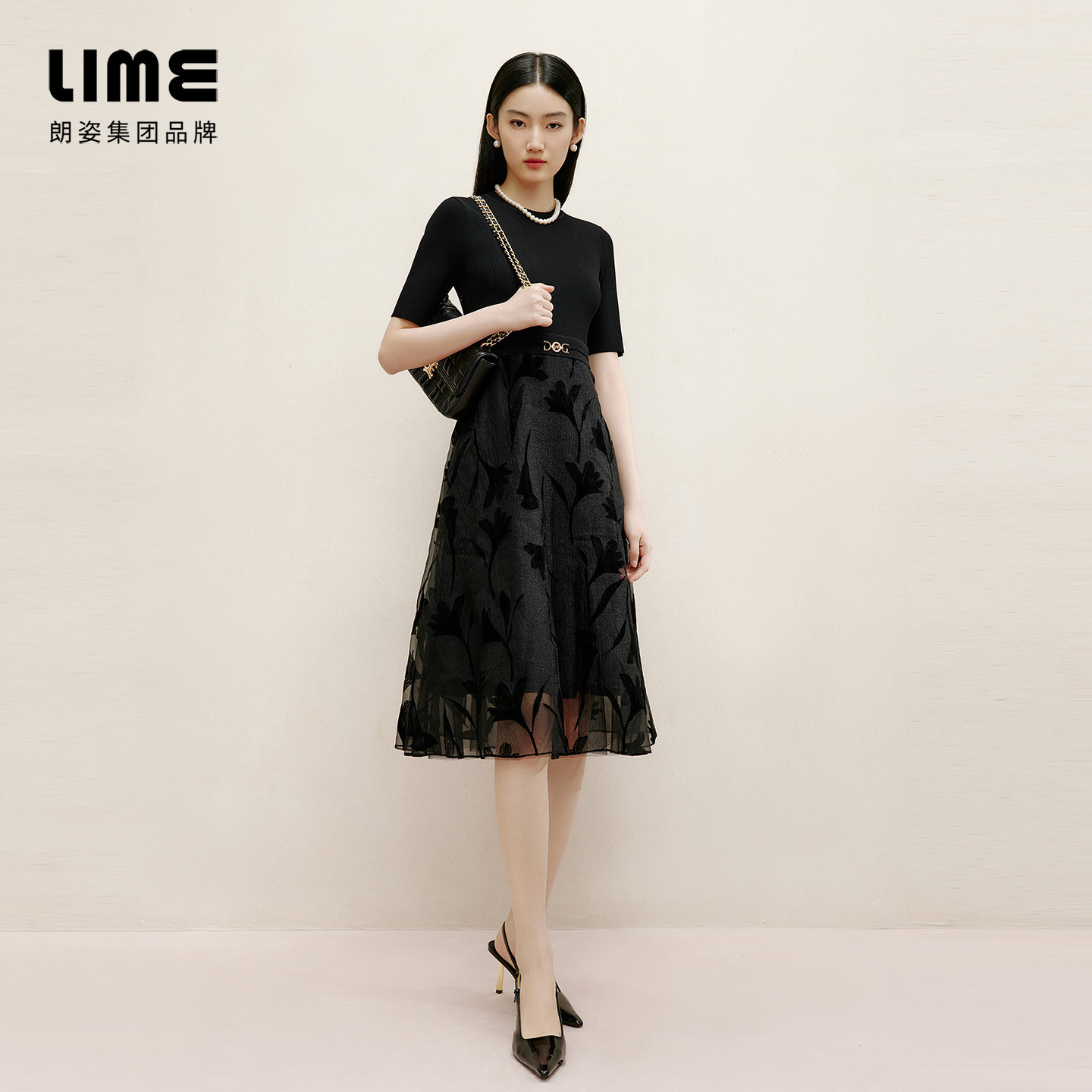 朗姿集团LIME莱茵针织拼接蕾丝花卉连衣裙黑色25夏简约显瘦长裙 - 图0