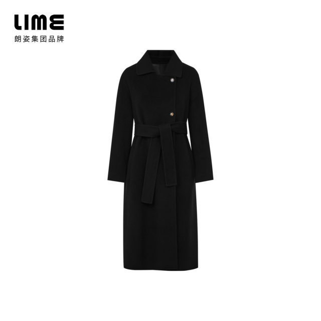 朗姿/LIME莱茵双面毛呢羊毛长大衣黑色配金色金属扣显瘦25冬新款
