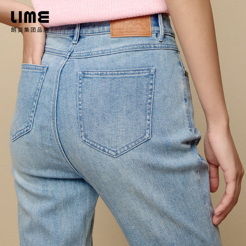 LIME莱茵高腰牛仔裤浅蓝色2024春夏新款裤角开衩设计感高级女裤子 - 图2