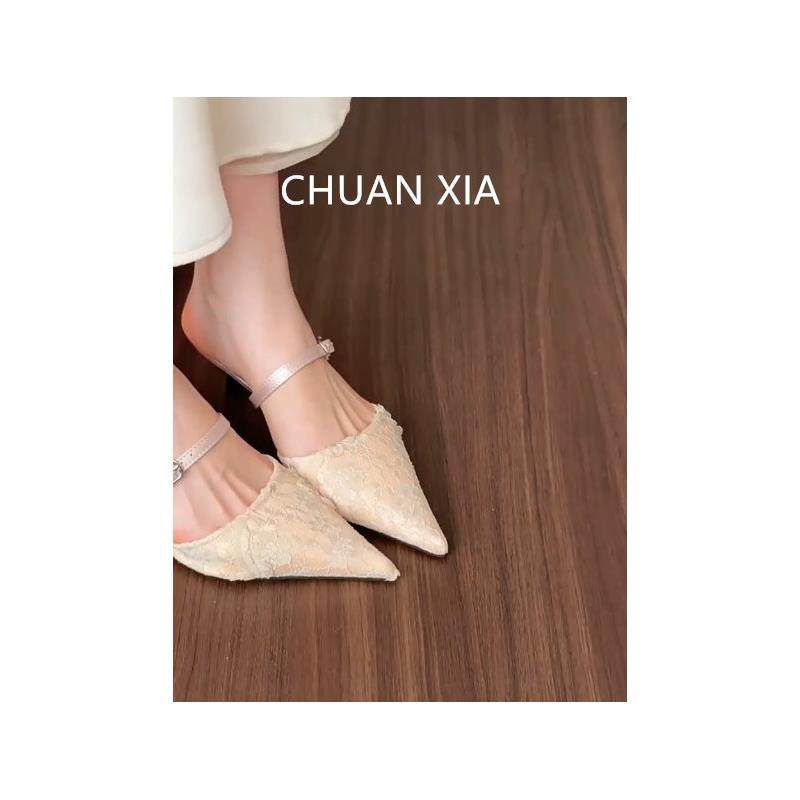 羊皮版！温柔尖头高跟鞋女法式真皮蕾丝单鞋一字带细跟包头凉鞋,淘宝优惠券,粉丝福利购,淘宝优惠卷