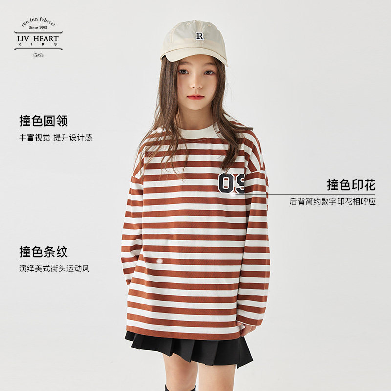 日本LIVHEART女童条纹长袖T恤女2025新款儿童打底衫上衣大童春秋,淘宝优惠券,粉丝福利购,淘宝优惠卷