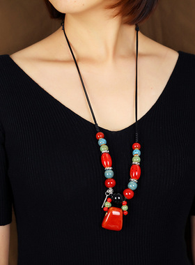 古民族风陶瓷项链女简约锁骨链