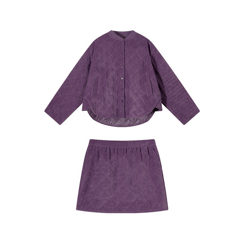 吴童童圆领菱格长袖棉服外套女秋冬韩系宽松显瘦保暖开衫半裙套装 - 图3