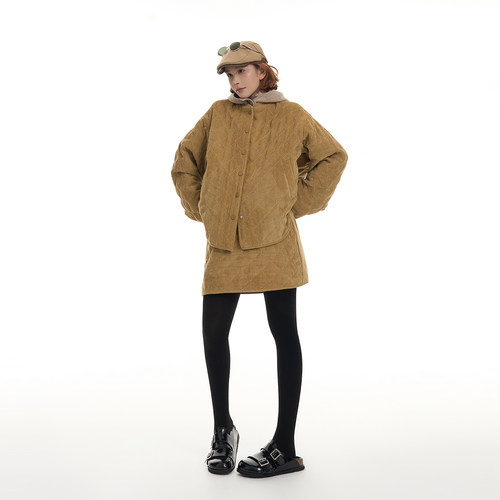 吴童童圆领菱格长袖棉服外套女秋冬韩系宽松显瘦保暖开衫半裙套装 - 图0