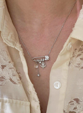 拉丝鸢尾花星芒白水晶别针项链