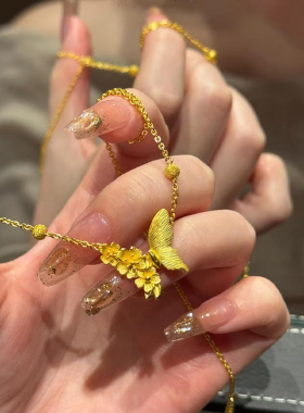 金色蝴蝶花朵项链小众设计感