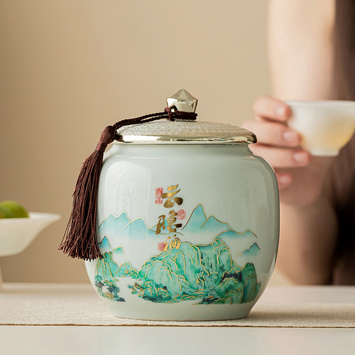 新中式新款高档精品茶叶罐密封罐储存罐空瓷罐家用半斤装茶叶礼盒 - 图3