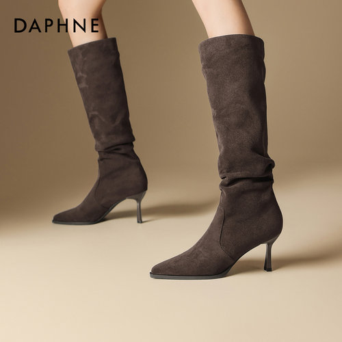 达芙妮高跟长筒靴女2025新款冬季美拉德堆堆靴子细跟尖头高筒长靴 - 图2