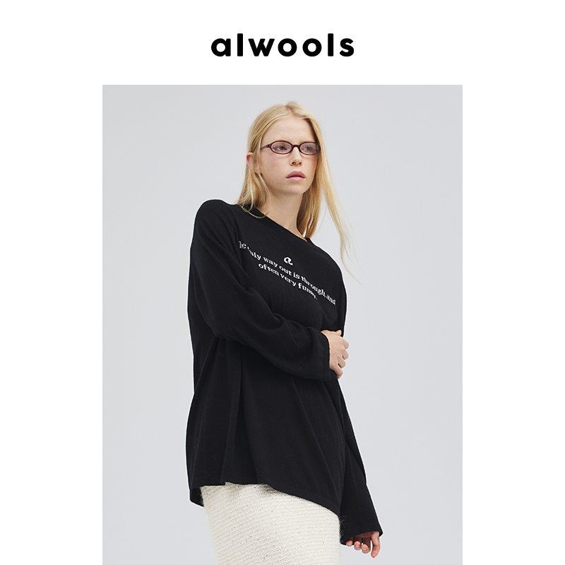 ALWOOLS秋冬新品slogan嵌花休闲针织套头衫女装宽松100%羊毛上衣 - 图0