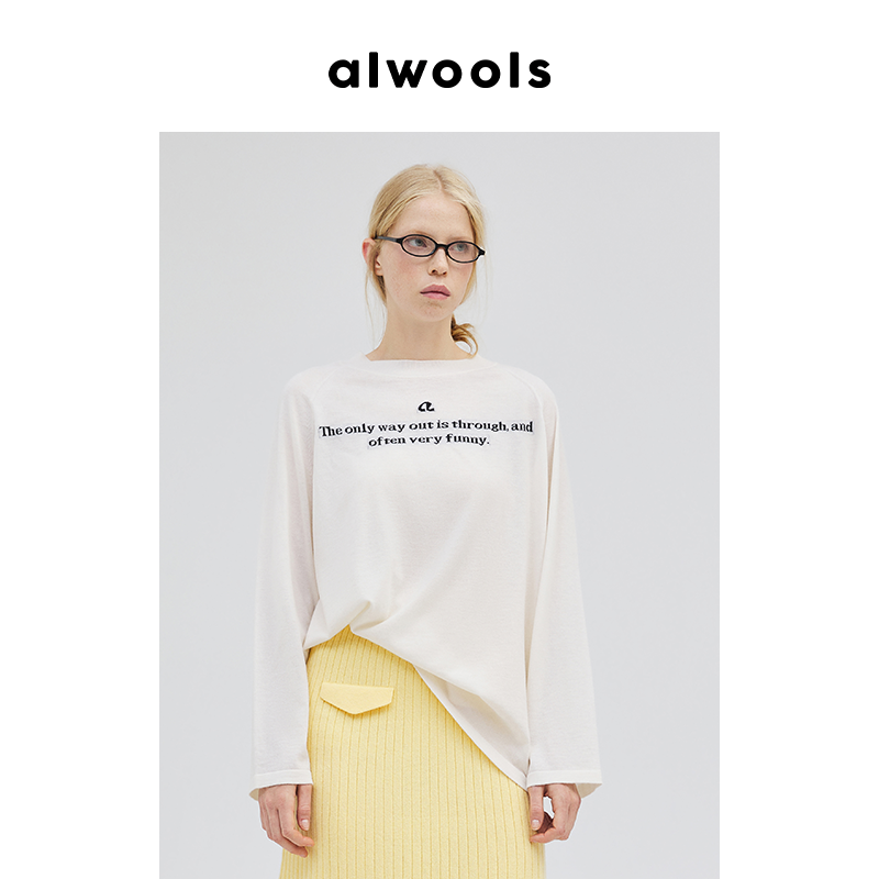 ALWOOLS秋冬新品slogan嵌花休闲针织套头衫女装宽松100%羊毛上衣 - 图2