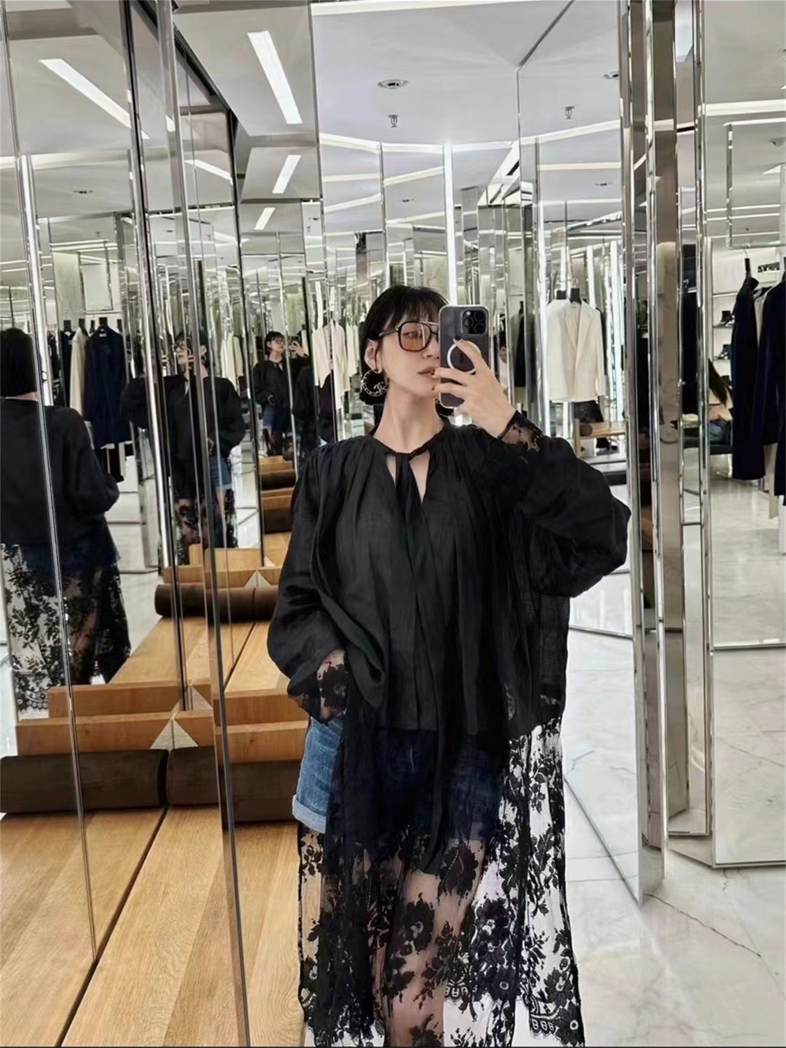 高品长袖衬衫连衣裙女25ss春季韩版宽松蕾丝拼接长款H型t恤裙上衣 - 图0