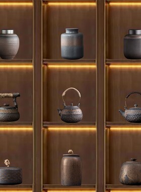 中式茶室茶柜博古架茶具摆件家居禅意复古怀旧茶壶茶叶罐茶杯装饰