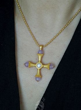 起源十字符号原创设计紫色水晶吊坠锁骨项链小众高级