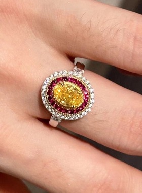 S925纯银圣彼得堡鸽子蛋黄钻蛋形鹅黄钻石戒指璀璨高碳钻冰花